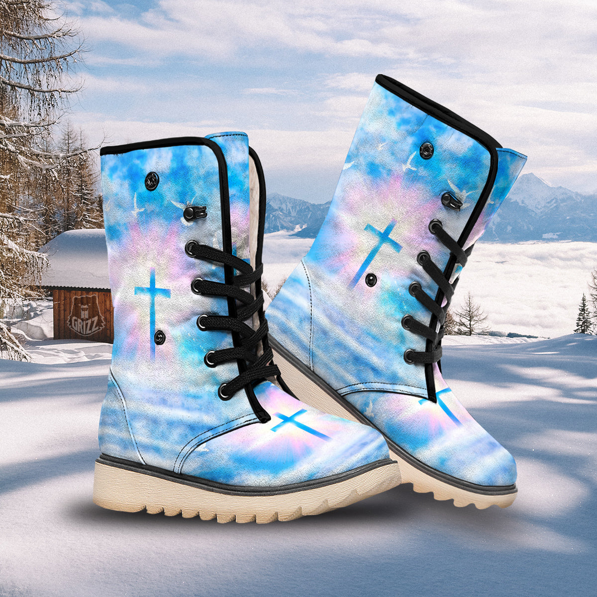 White Doves And Christian Cross Print Snow Boots-grizzshop