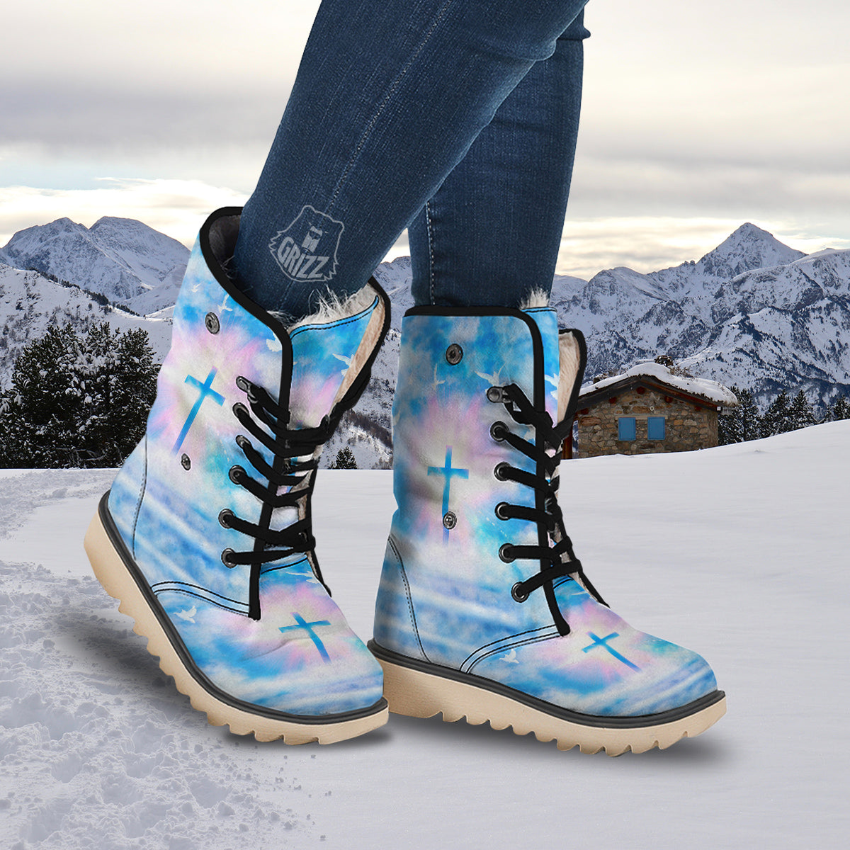 White Doves And Christian Cross Print Snow Boots-grizzshop