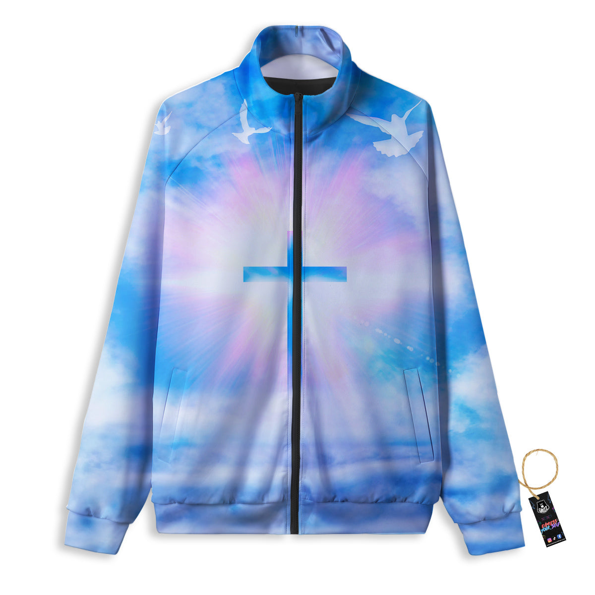 White Doves And Christian Cross Print Track Jacket-grizzshop