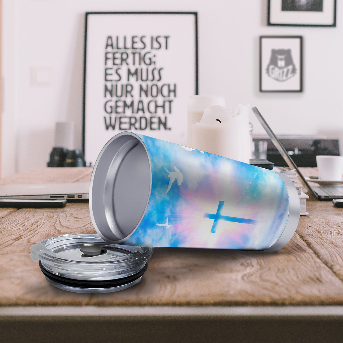 White Doves And Christian Cross Print Tumbler-grizzshop