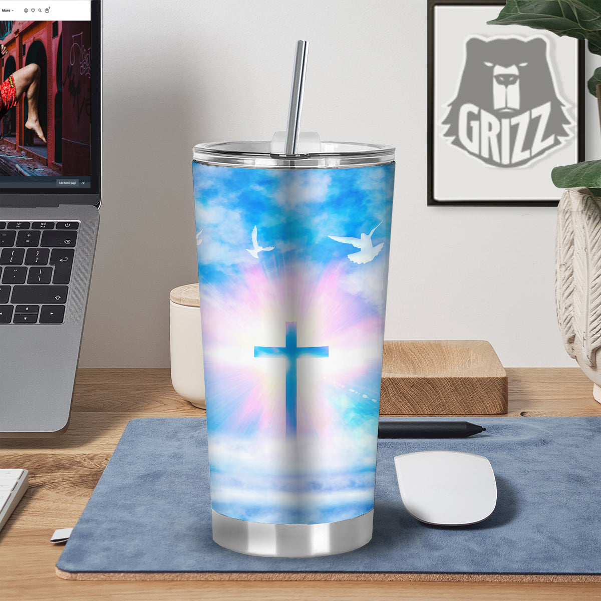 White Doves And Christian Cross Print Tumbler-grizzshop