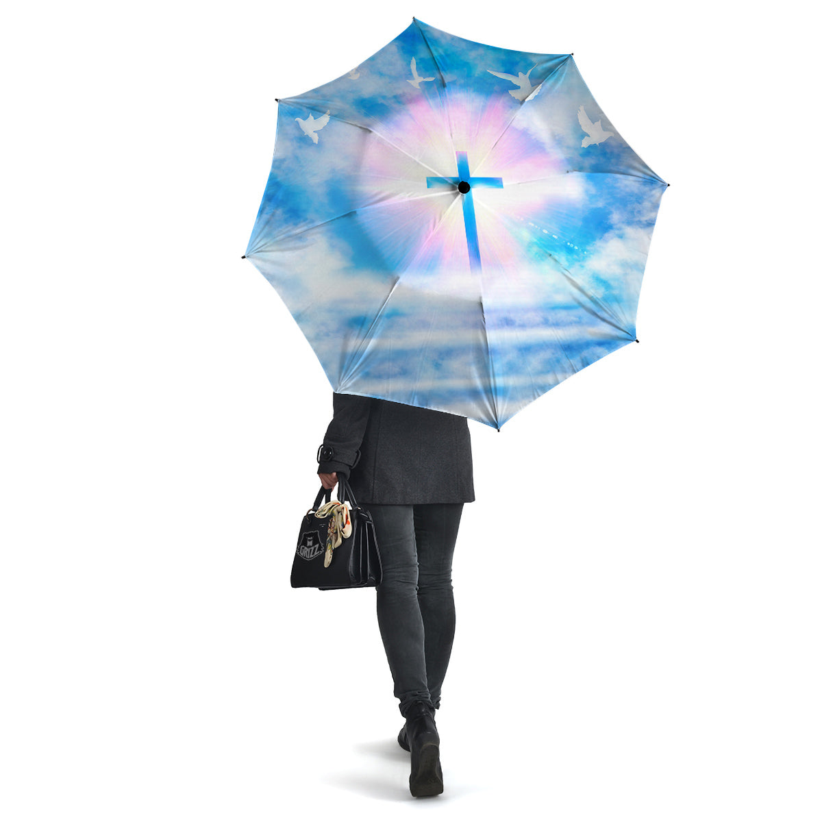 White Doves And Christian Cross Print Umbrella-grizzshop