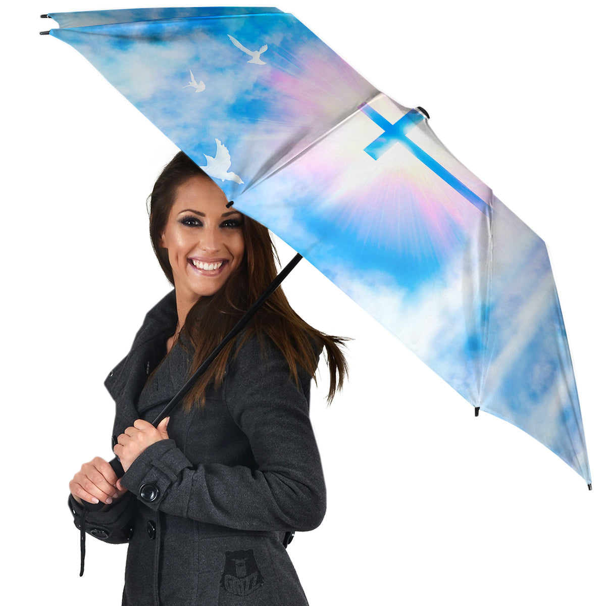 White Doves And Christian Cross Print Umbrella-grizzshop
