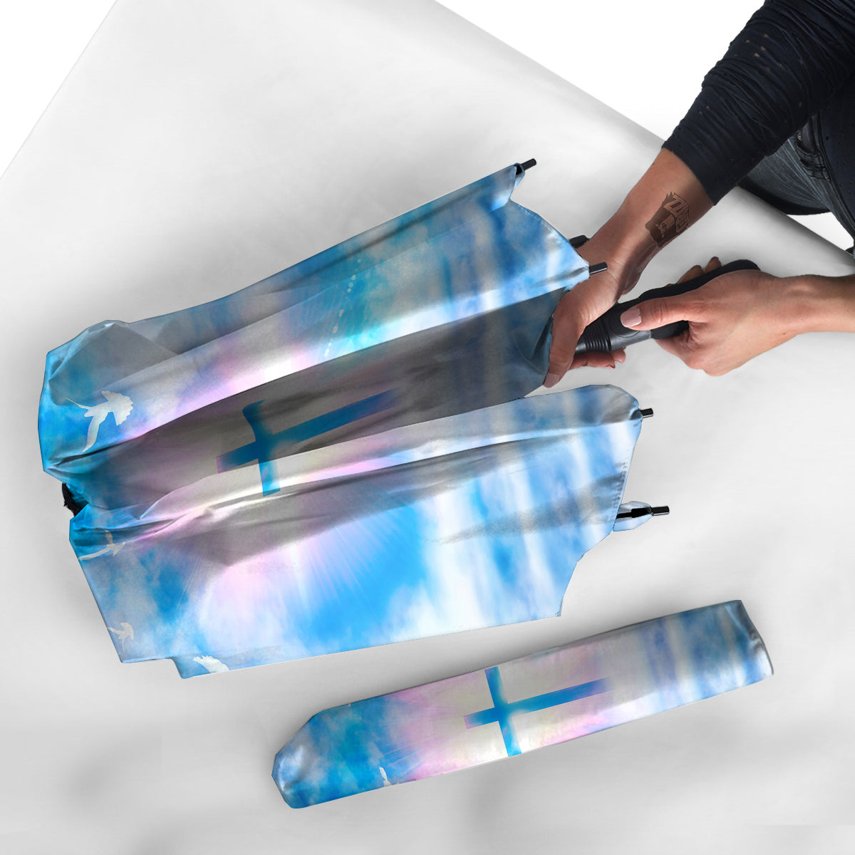 White Doves And Christian Cross Print Umbrella-grizzshop