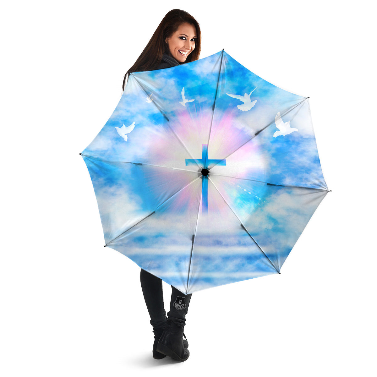 White Doves And Christian Cross Print Umbrella-grizzshop