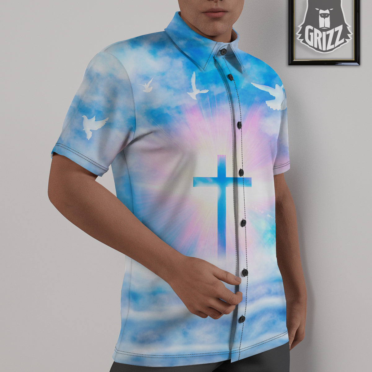 White Doves And Christian Cross Print Untucked Shirts-grizzshop
