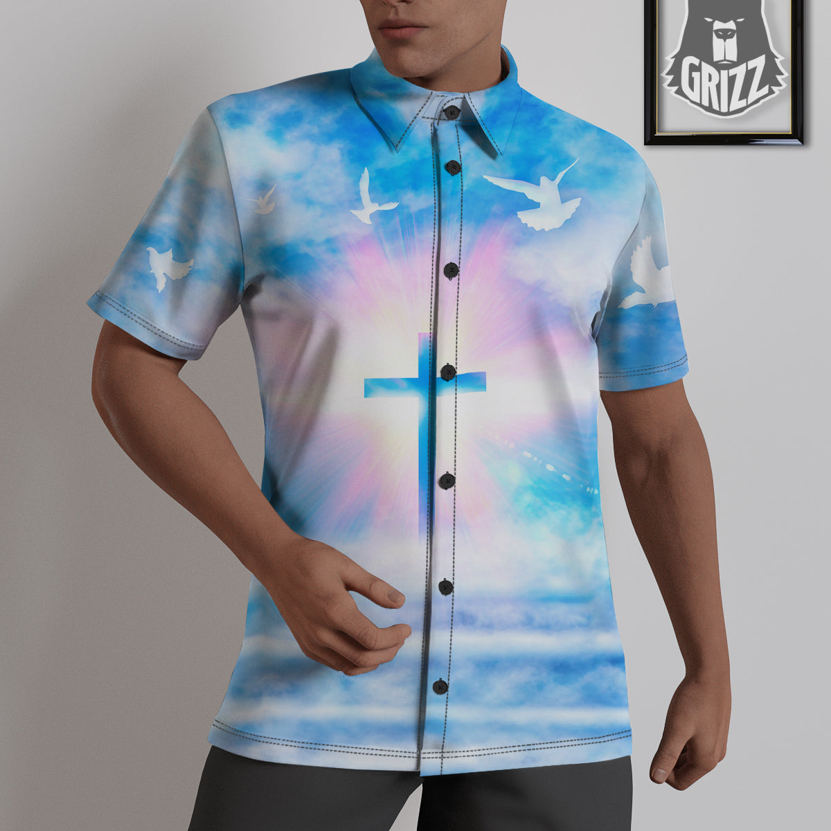 White Doves And Christian Cross Print Untucked Shirts-grizzshop