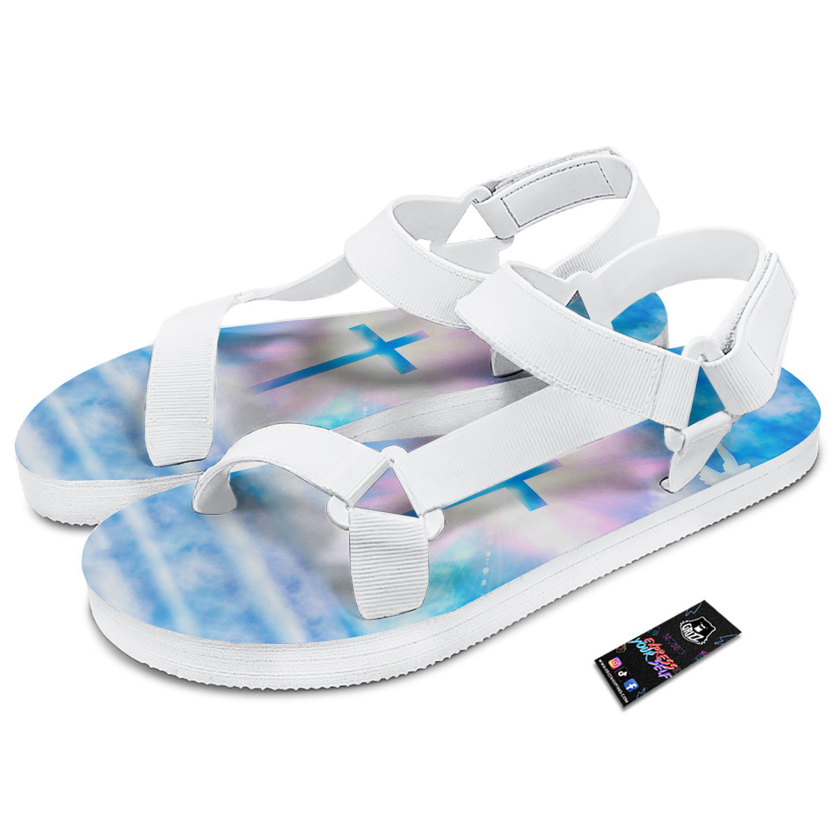 White Doves And Christian Cross Print White Open Toe Sandals-grizzshop