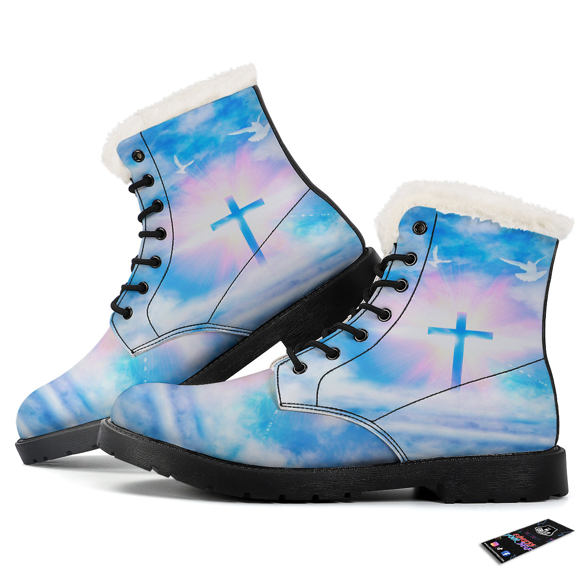 White Doves And Christian Cross Print Winter Boots-grizzshop