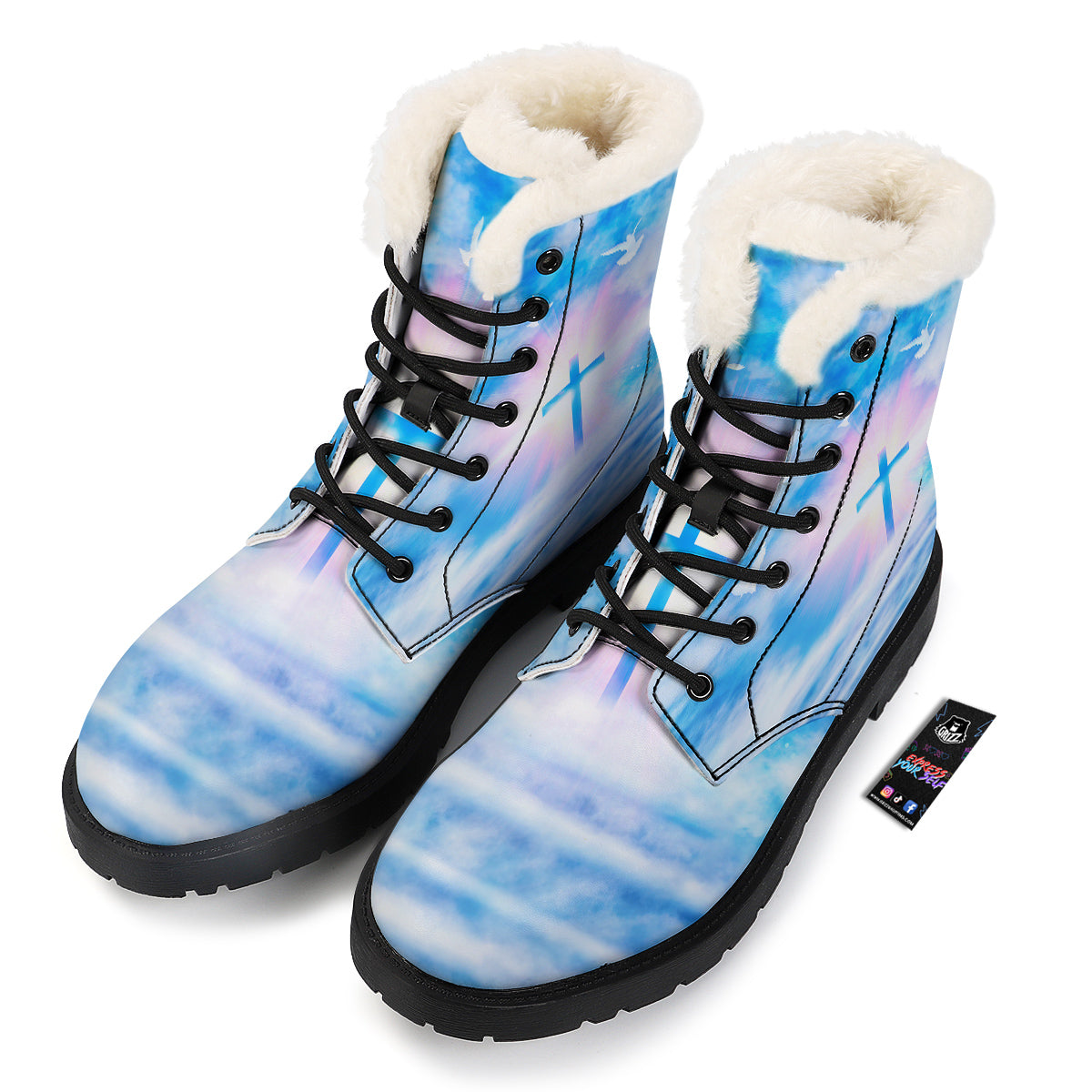 White Doves And Christian Cross Print Winter Boots-grizzshop