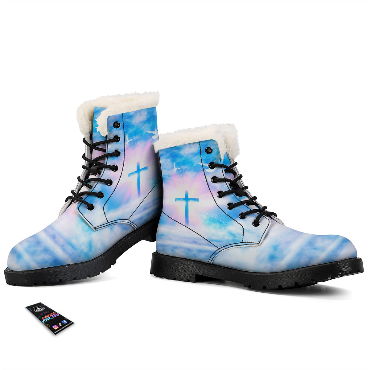 White Doves And Christian Cross Print Winter Boots-grizzshop
