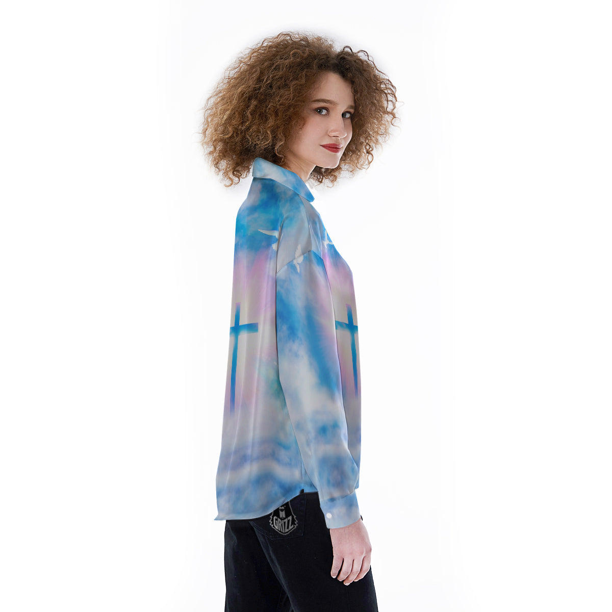 White Doves And Christian Cross Print Women's Long Sleeve Shirts-grizzshop