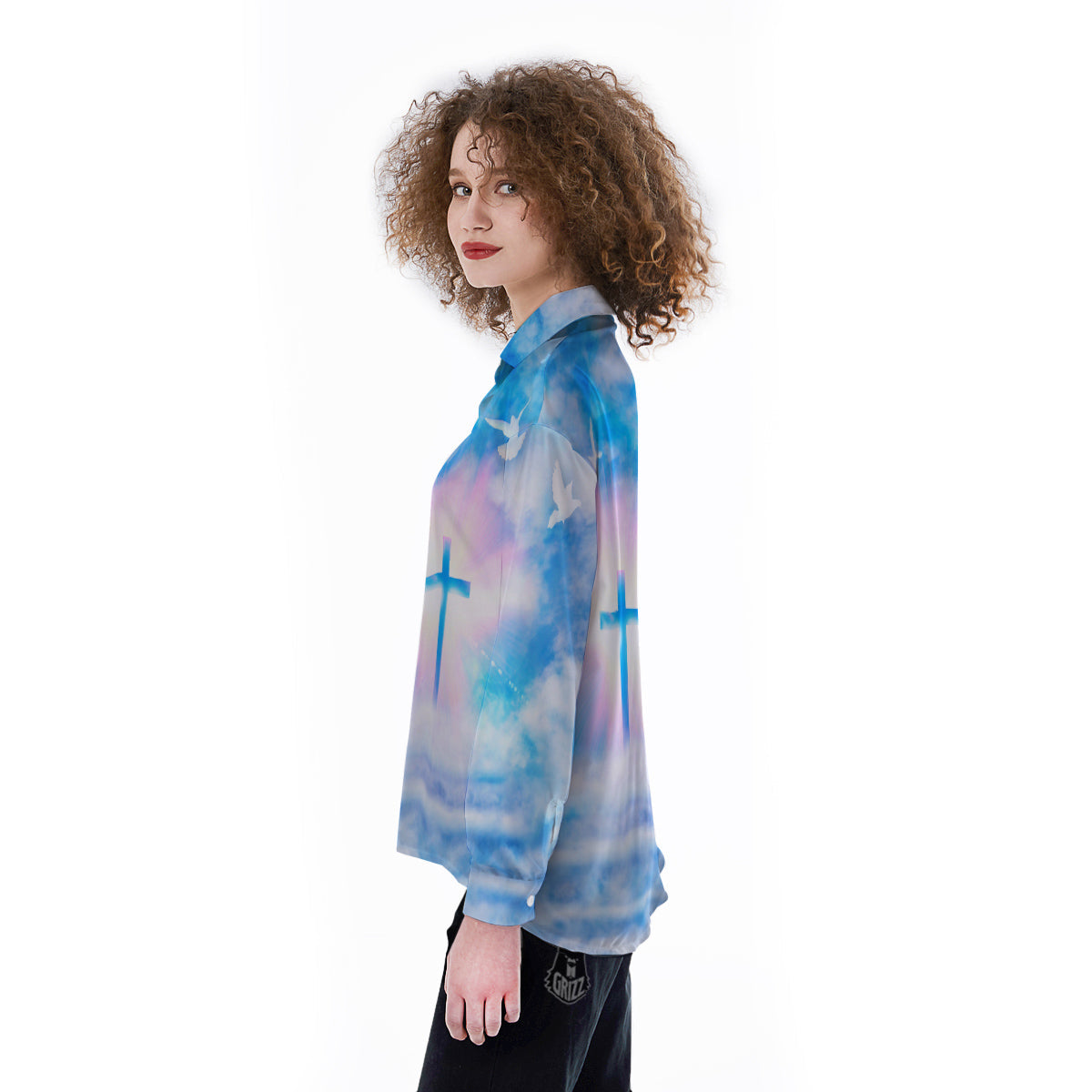White Doves And Christian Cross Print Women's Long Sleeve Shirts-grizzshop