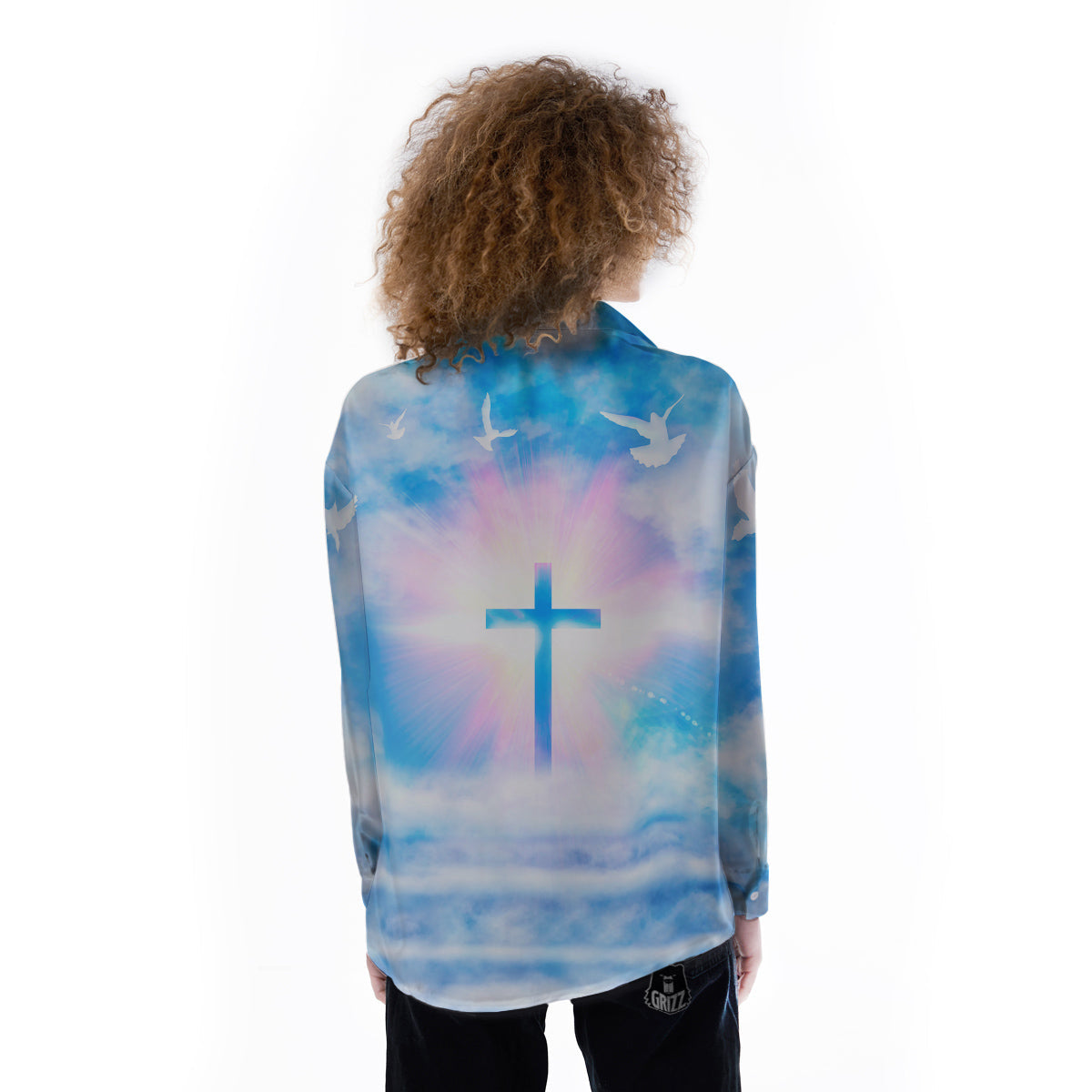 White Doves And Christian Cross Print Women's Long Sleeve Shirts-grizzshop