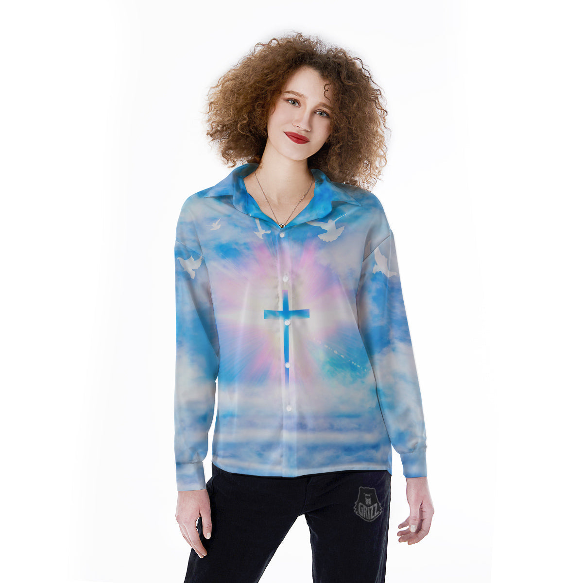 White Doves And Christian Cross Print Women's Long Sleeve Shirts-grizzshop