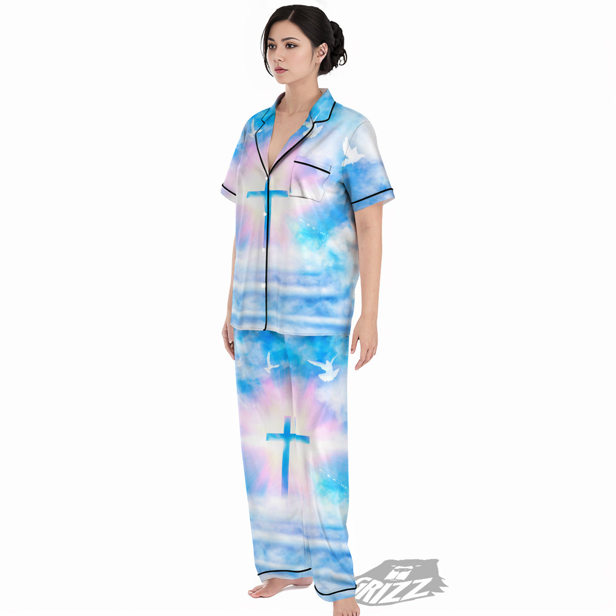 White Doves And Christian Cross Print Women's Pajamas Set-grizzshop