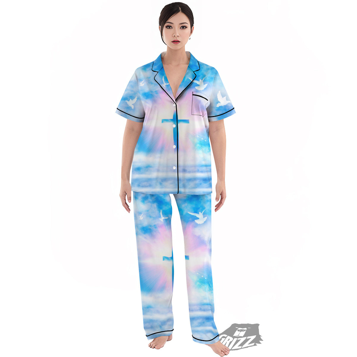 White Doves And Christian Cross Print Women's Pajamas Set-grizzshop