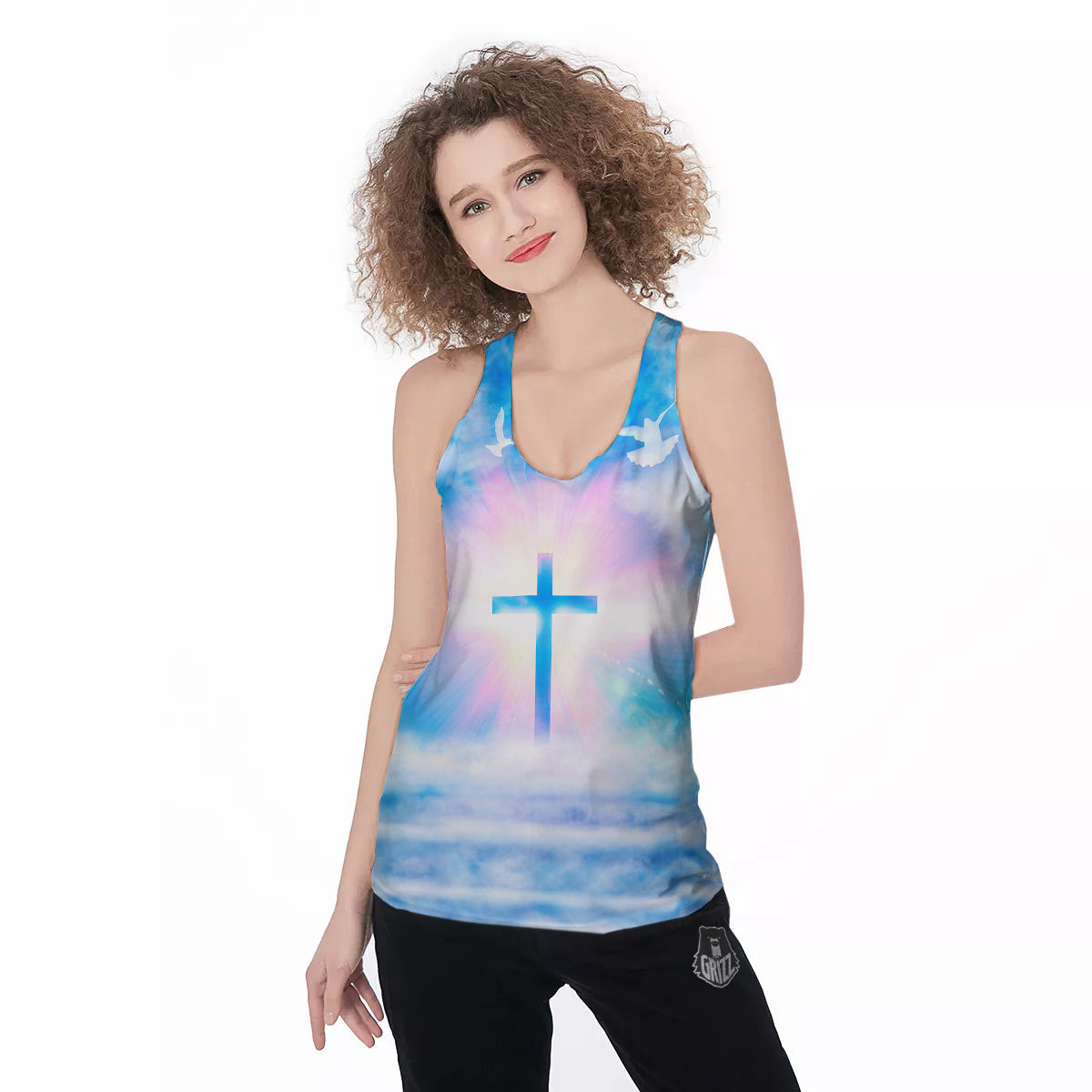 White Doves And Christian Cross Print Women's Racerback Tank Top-grizzshop