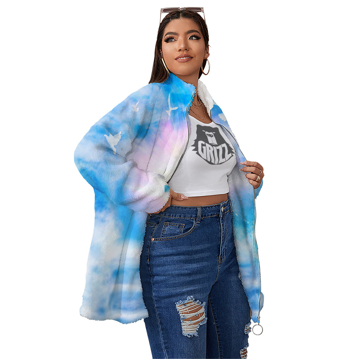 White Doves And Christian Cross Print Women's Sherpa Jacket-grizzshop