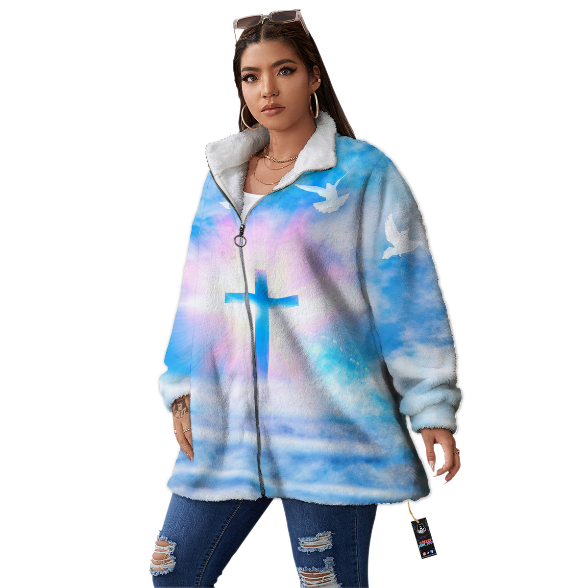 White Doves And Christian Cross Print Women's Sherpa Jacket-grizzshop