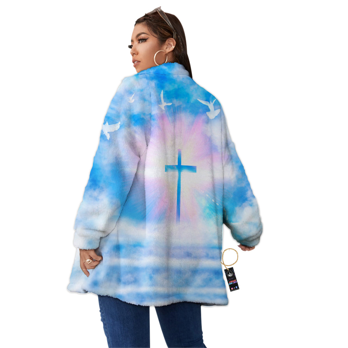 White Doves And Christian Cross Print Women's Sherpa Jacket-grizzshop
