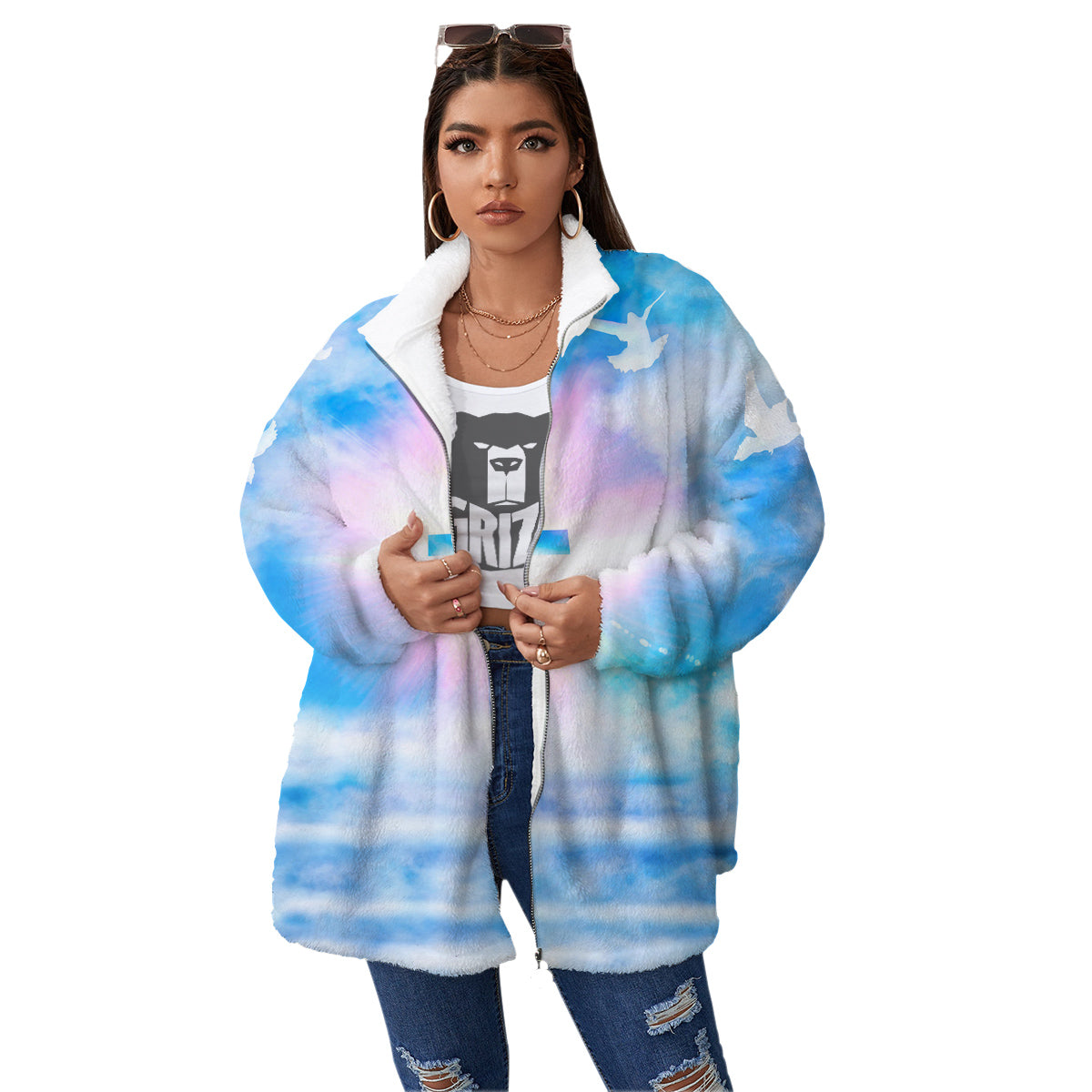 White Doves And Christian Cross Print Women's Sherpa Jacket-grizzshop
