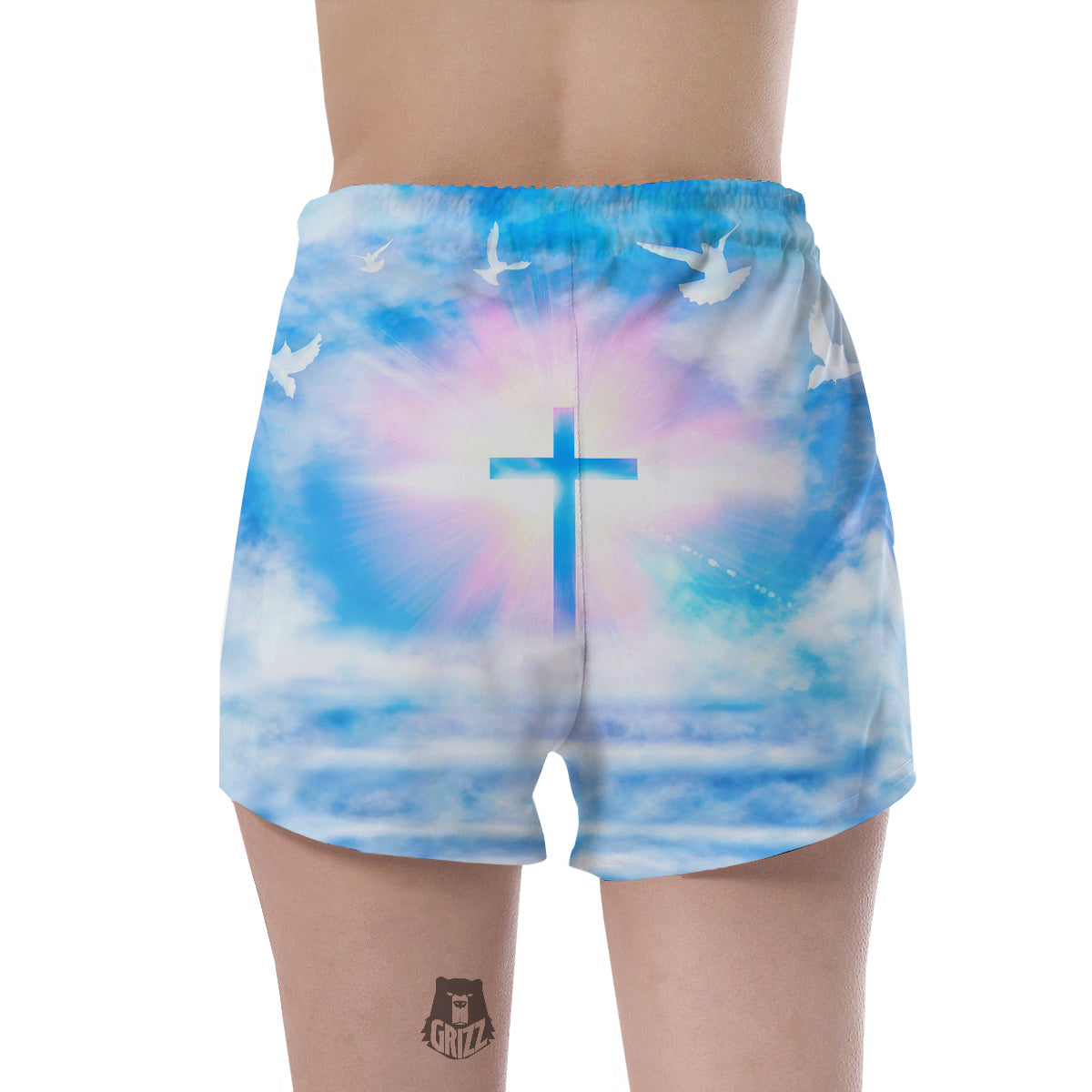 White Doves And Christian Cross Print Women's Shorts-grizzshop