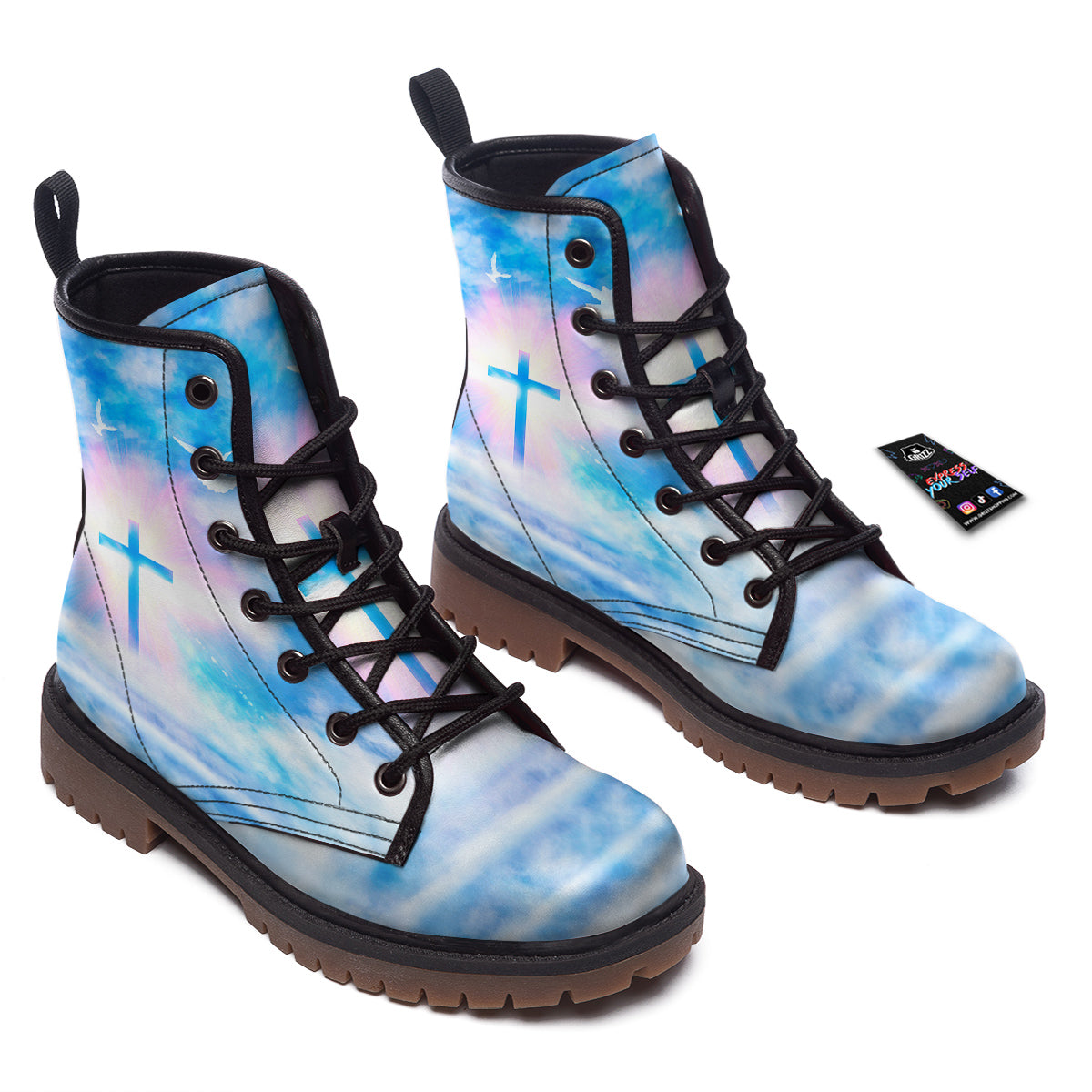 White Doves And Christian Cross Print Work Boots-grizzshop