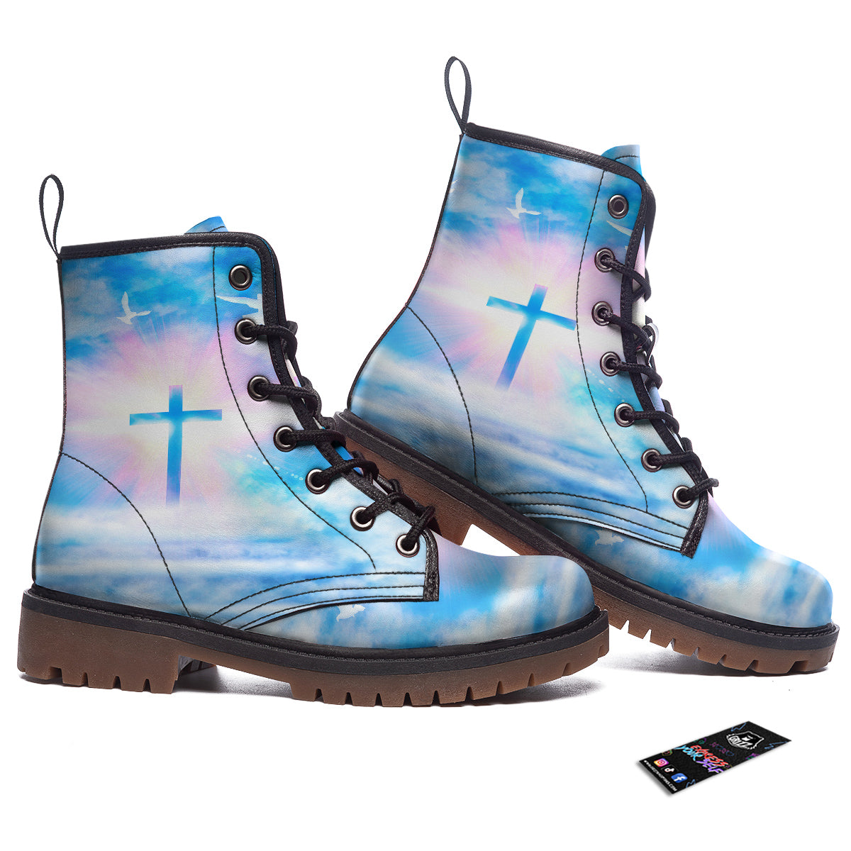 White Doves And Christian Cross Print Work Boots-grizzshop