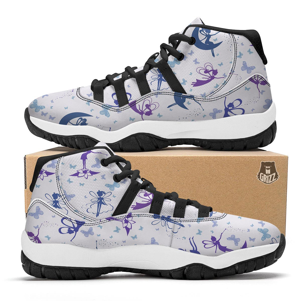 White Fairy Pattern Print Black Bball Shoes-grizzshop