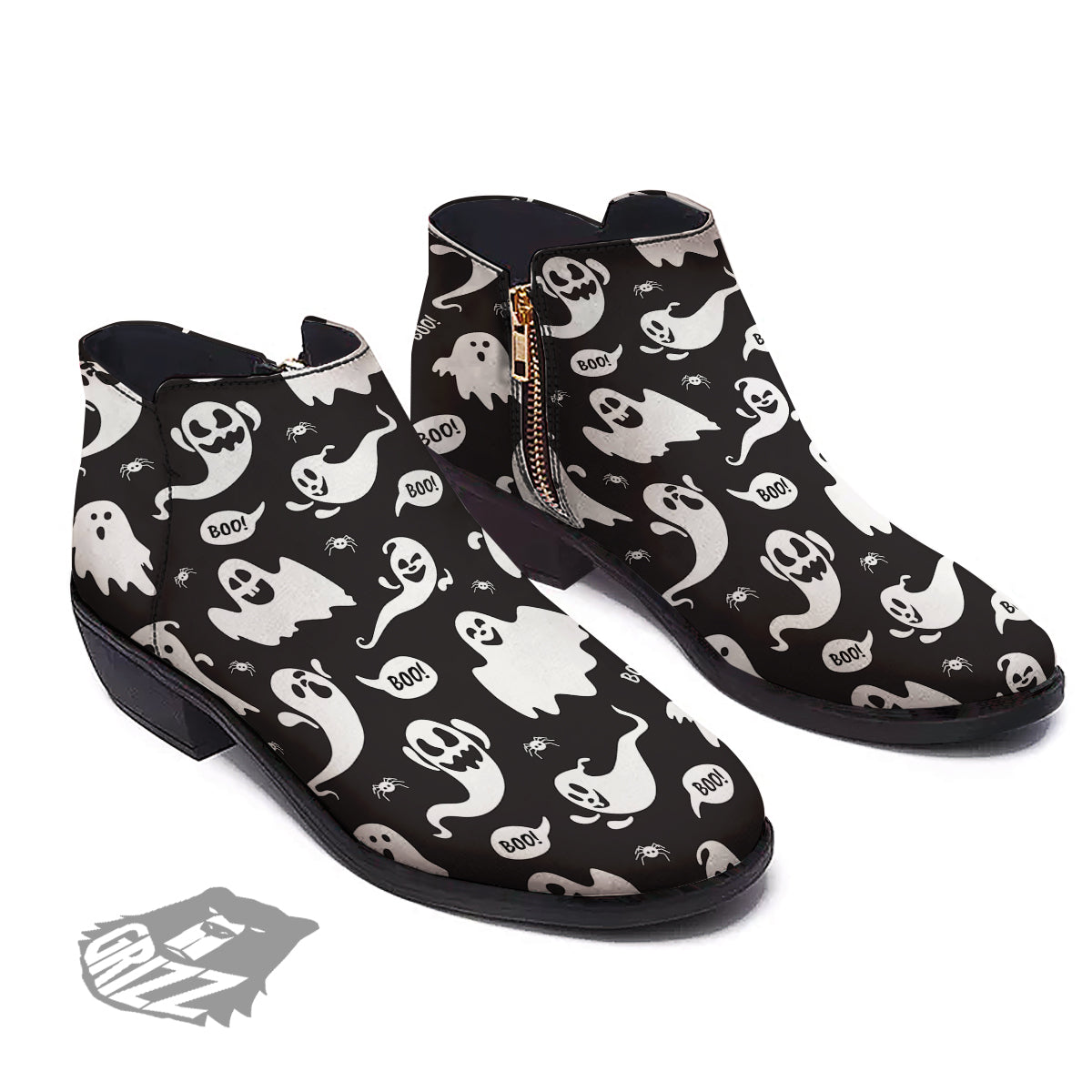 White Ghost Print Pattern Ankle Boots-grizzshop