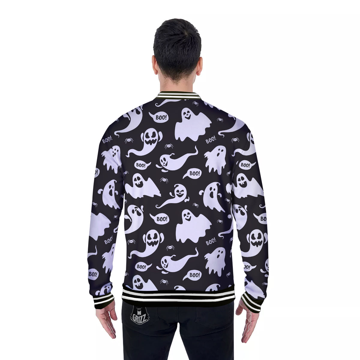 White Ghost Print Pattern Baseball Jacket-grizzshop