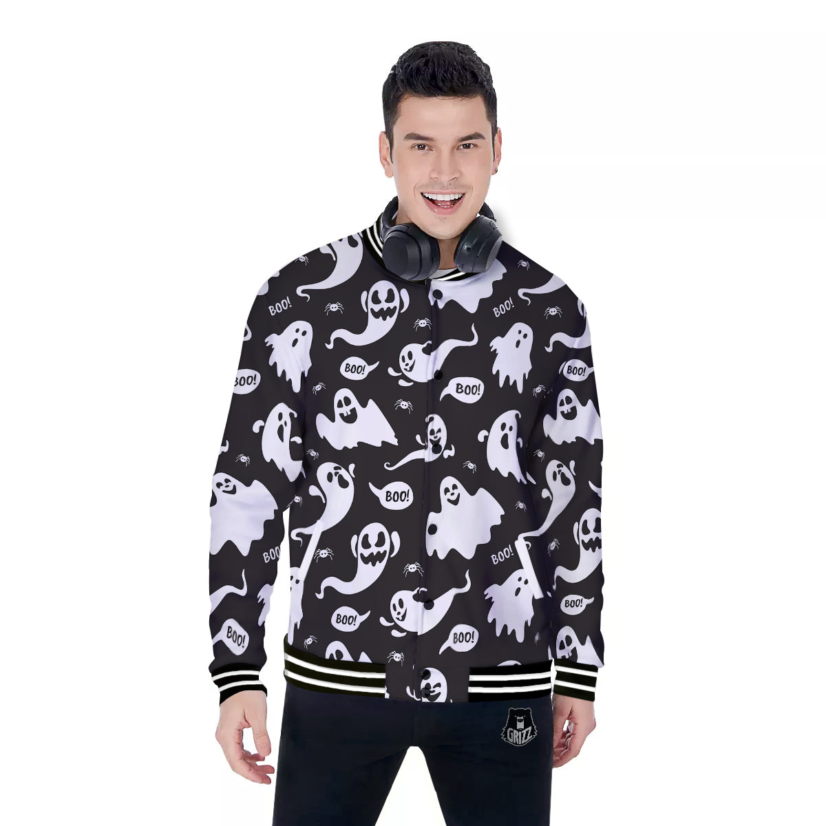 White Ghost Print Pattern Baseball Jacket-grizzshop
