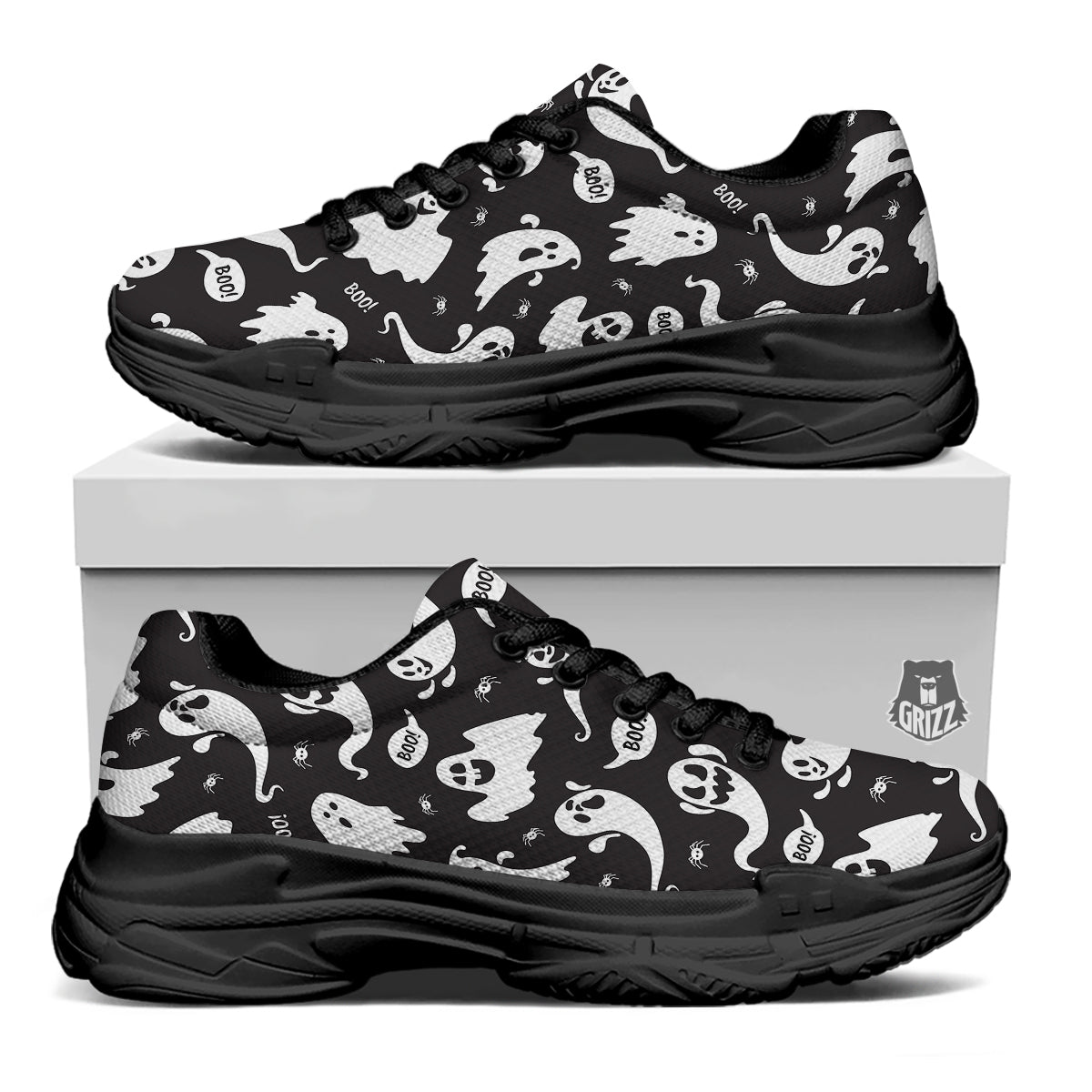 White Ghost Print Pattern Black Chunky Shoes-grizzshop
