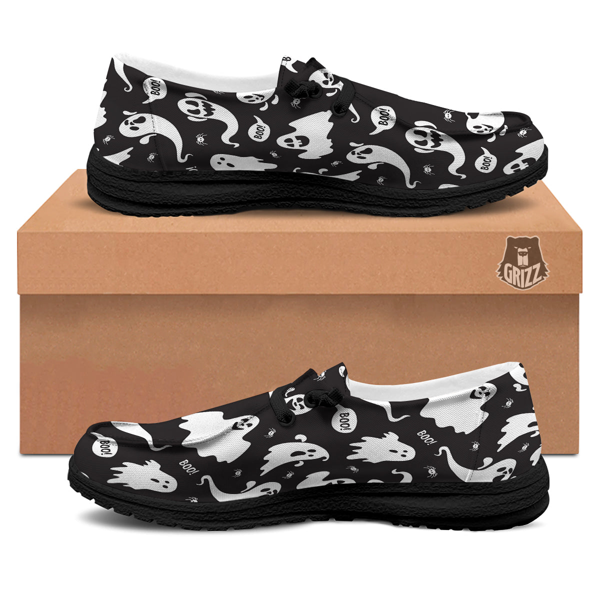 White Ghost Print Pattern Black Loafers-grizzshop