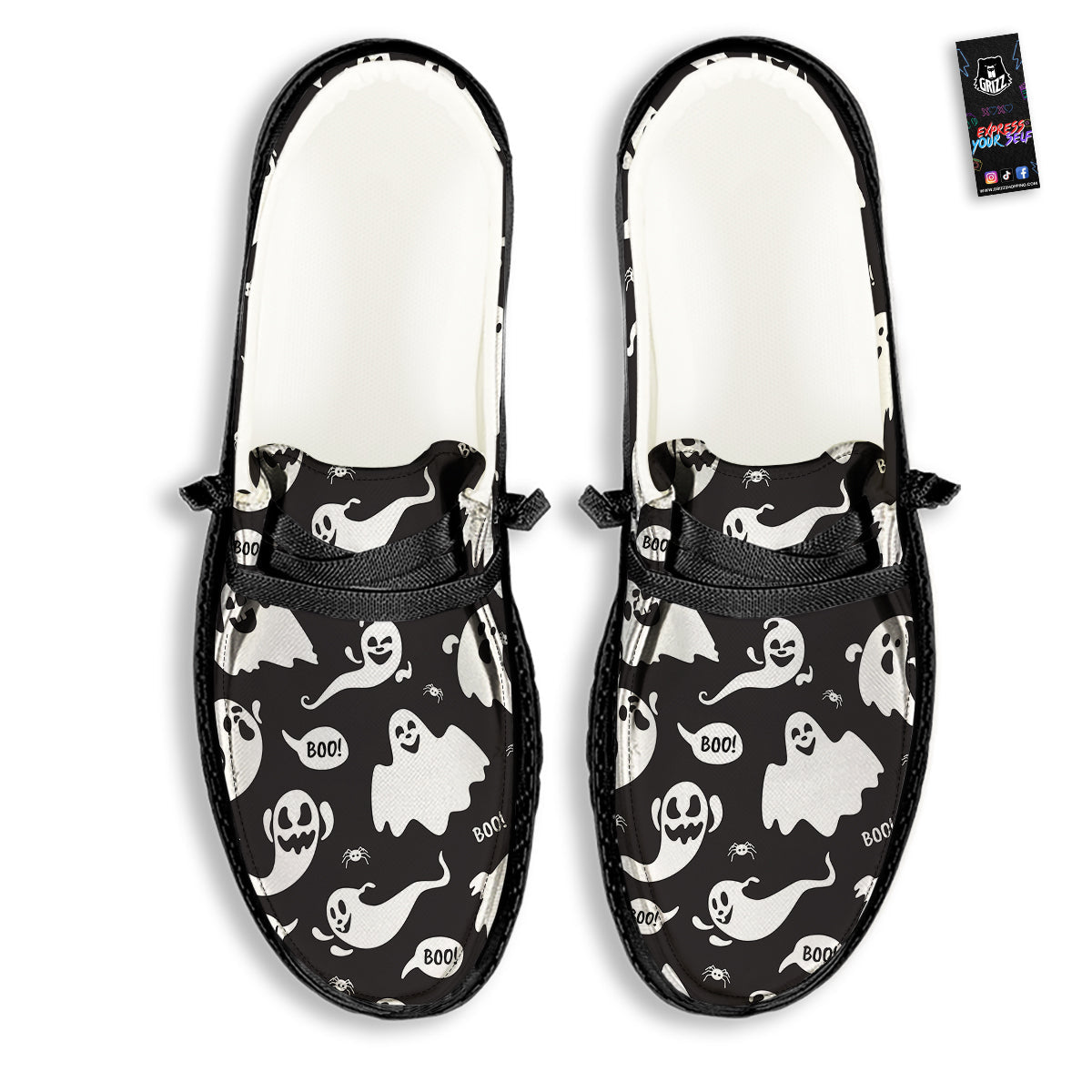 White Ghost Print Pattern Black Loafers-grizzshop