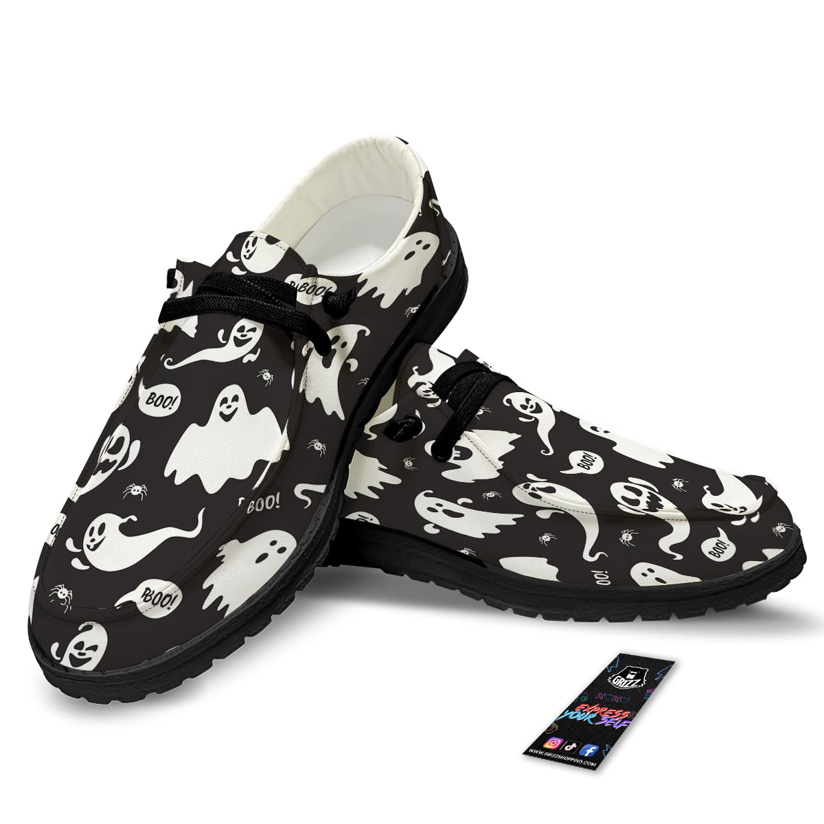 White Ghost Print Pattern Black Loafers-grizzshop