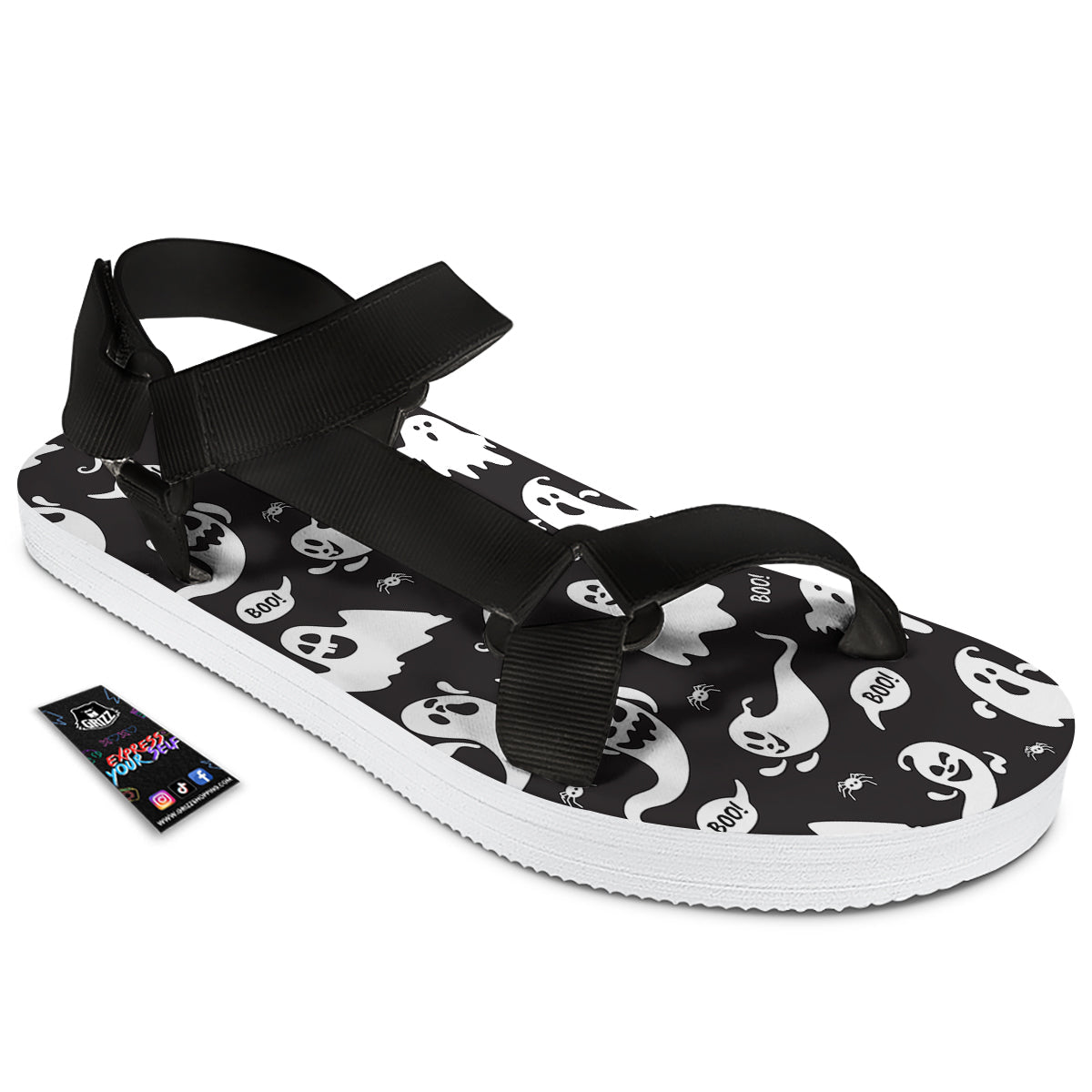 White Ghost Print Pattern Black Open Toe Sandals-grizzshop
