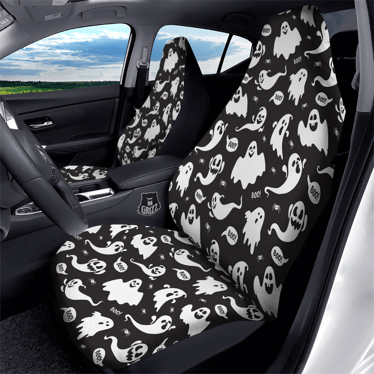 White Ghost Print Pattern Car Seat Covers-grizzshop