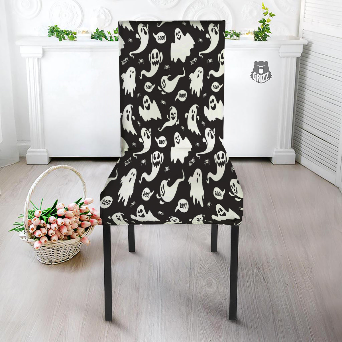 White Ghost Print Pattern Dining Chair Slipcover-grizzshop