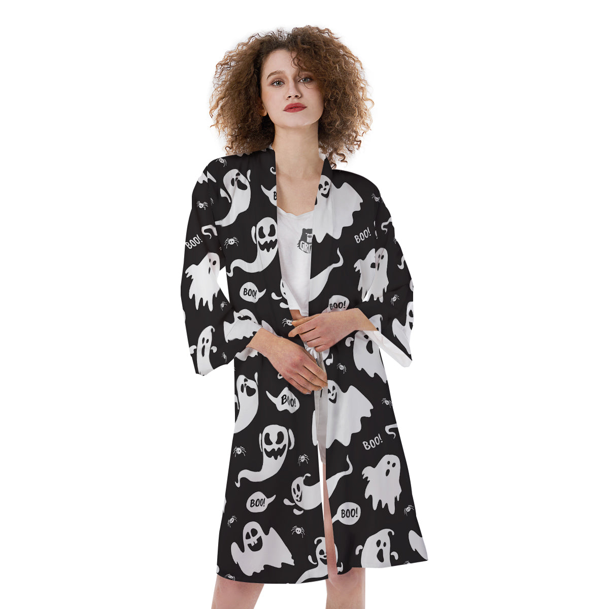 White Ghost Print Pattern Kimono-grizzshop