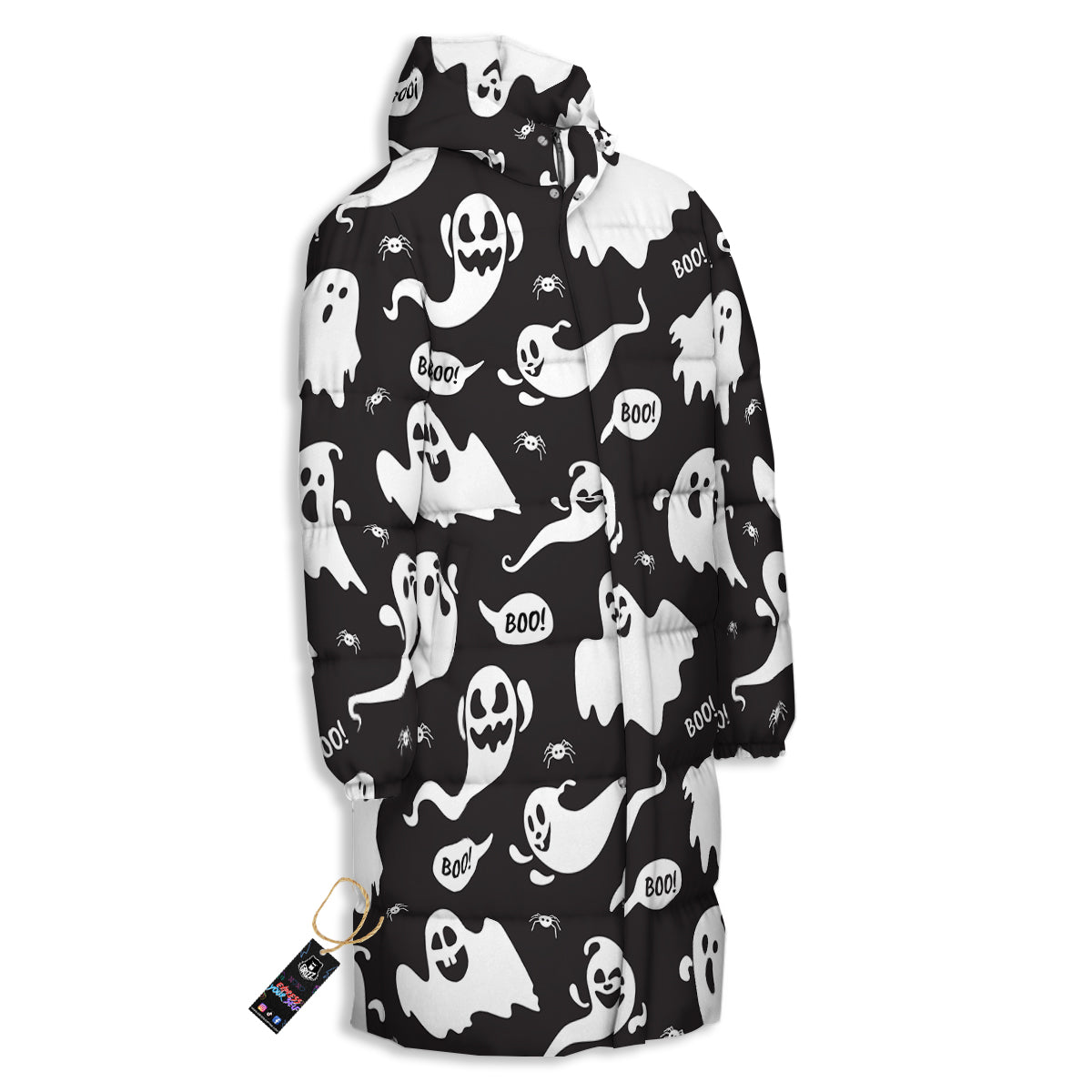 White Ghost Print Pattern Long Down Jacket-grizzshop
