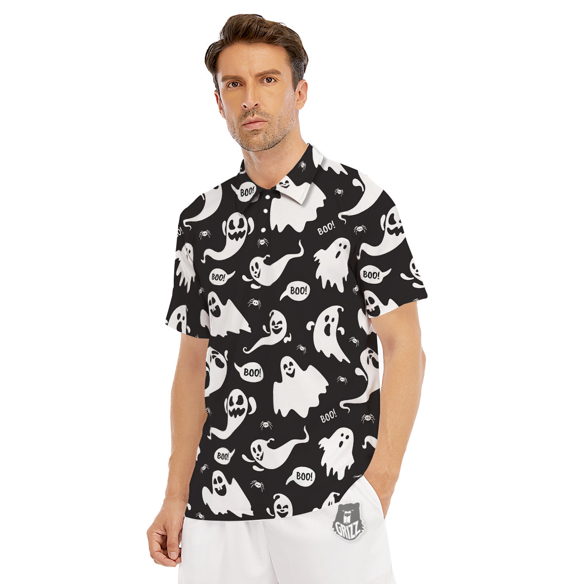 White Ghost Print Pattern Men's Golf Shirts-grizzshop