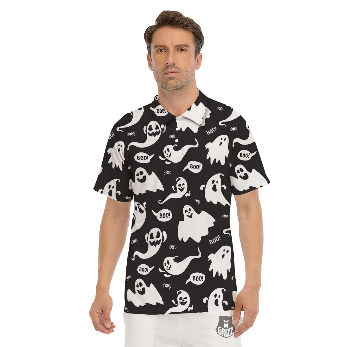 White Ghost Print Pattern Men's Golf Shirts-grizzshop