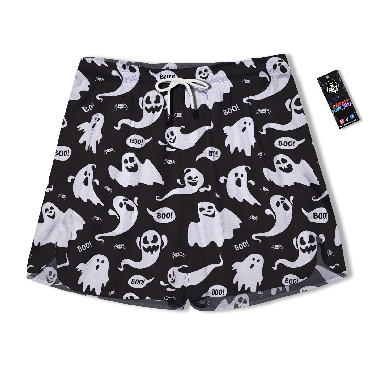 White Ghost Print Pattern Men's Running Shorts-grizzshop