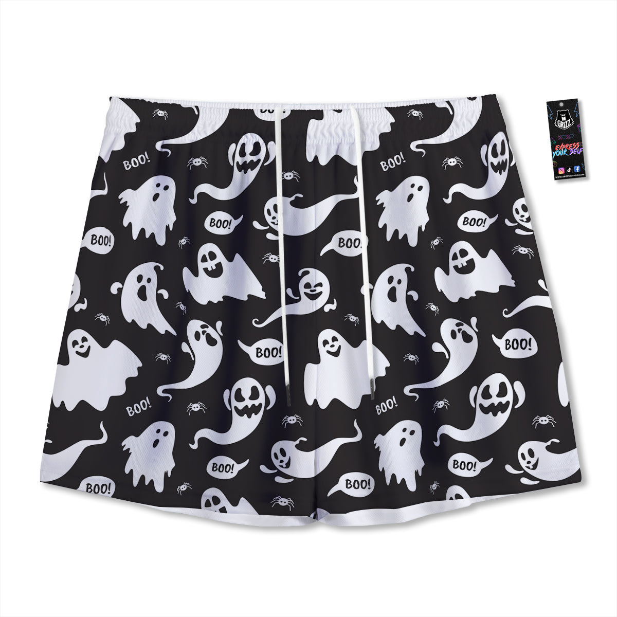 White Ghost Print Pattern Mesh Shorts