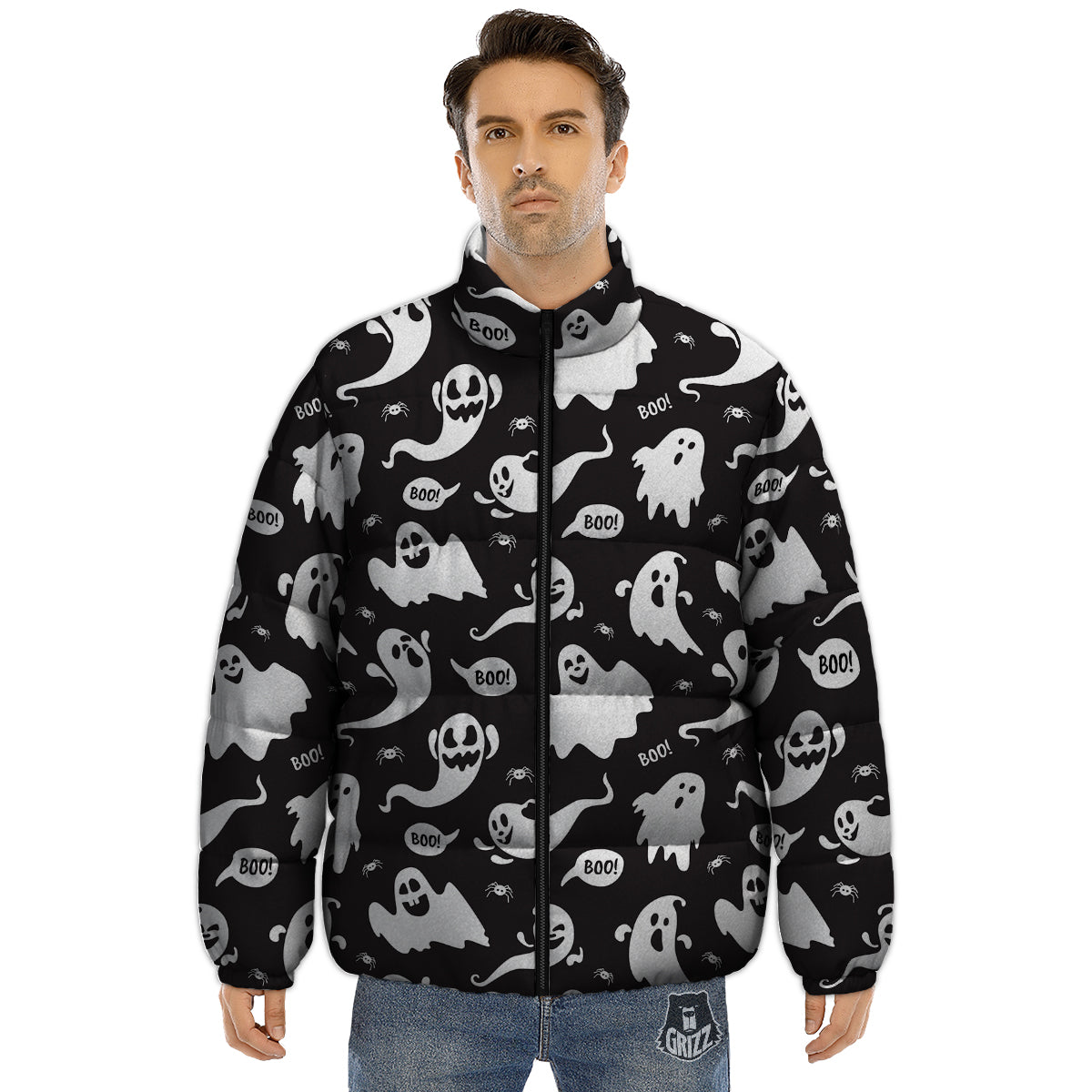 White Ghost Print Pattern Puffer Jacket-grizzshop