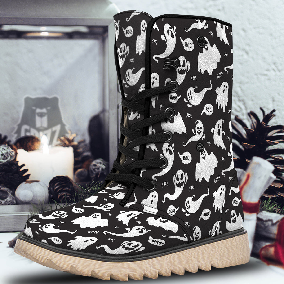 White Ghost Print Pattern Snow Boots-grizzshop