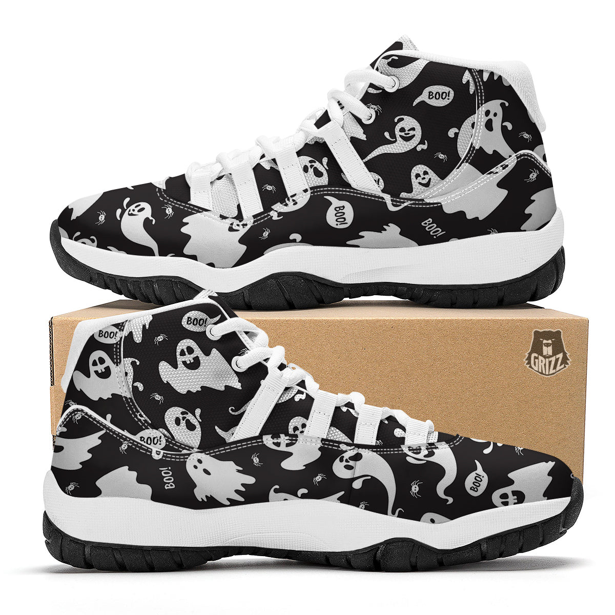 White Ghost Print Pattern White Bball Shoes-grizzshop
