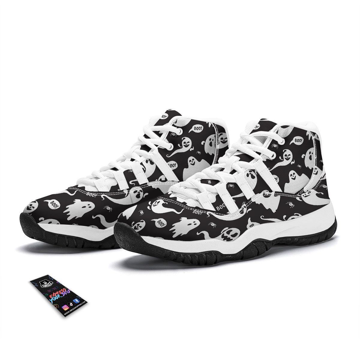 White Ghost Print Pattern White Bball Shoes-grizzshop